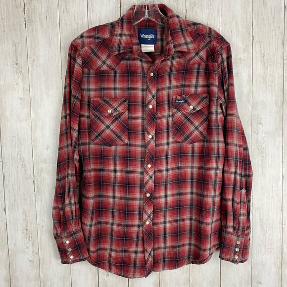 Wrangler Other - Wrangler Red Plaid Pearl Snap LS Cotton Flannel Shirt MS70319 Size Medium